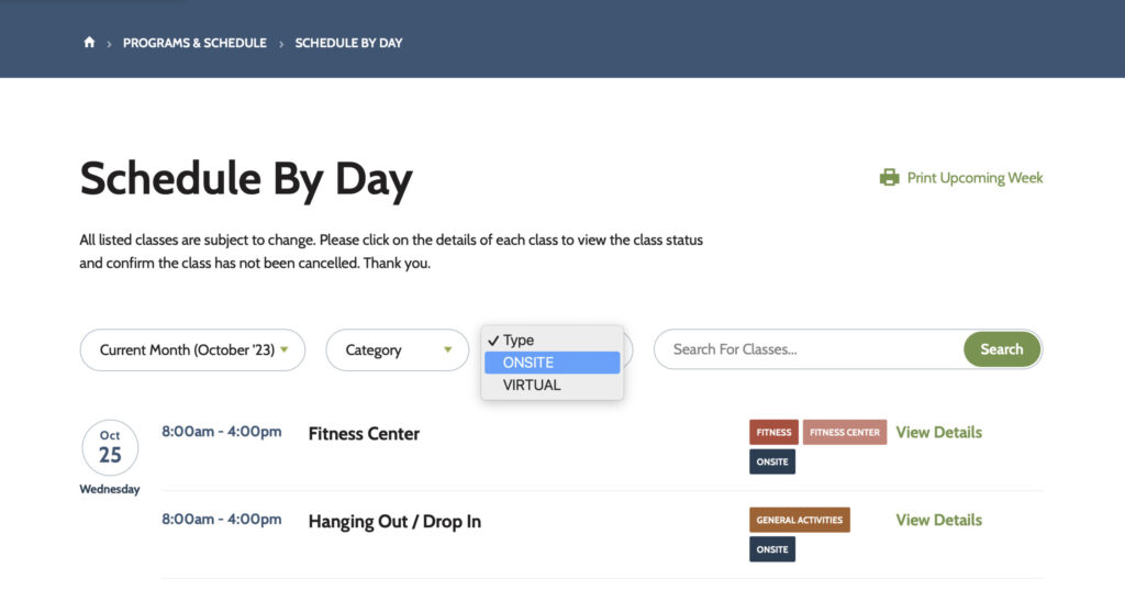 Image of the calendar page of the website to demonstrate how to look at the schedule for onsite classes.