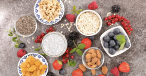 Fruits and grains in bowls.